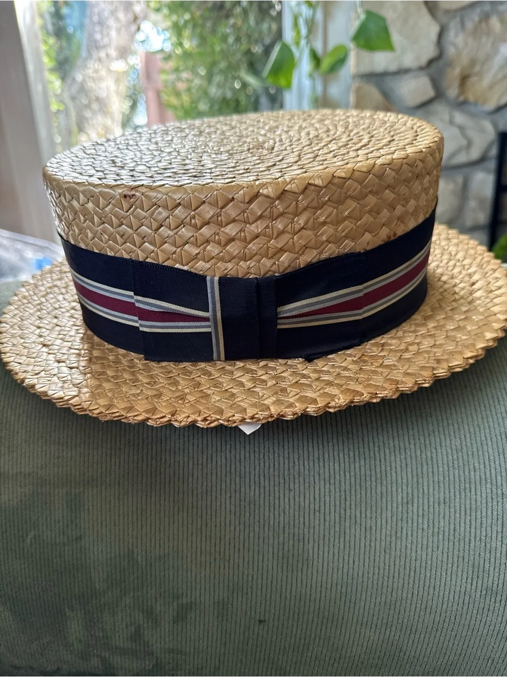 Classic Straw Boater Hat with Navy Striped Band